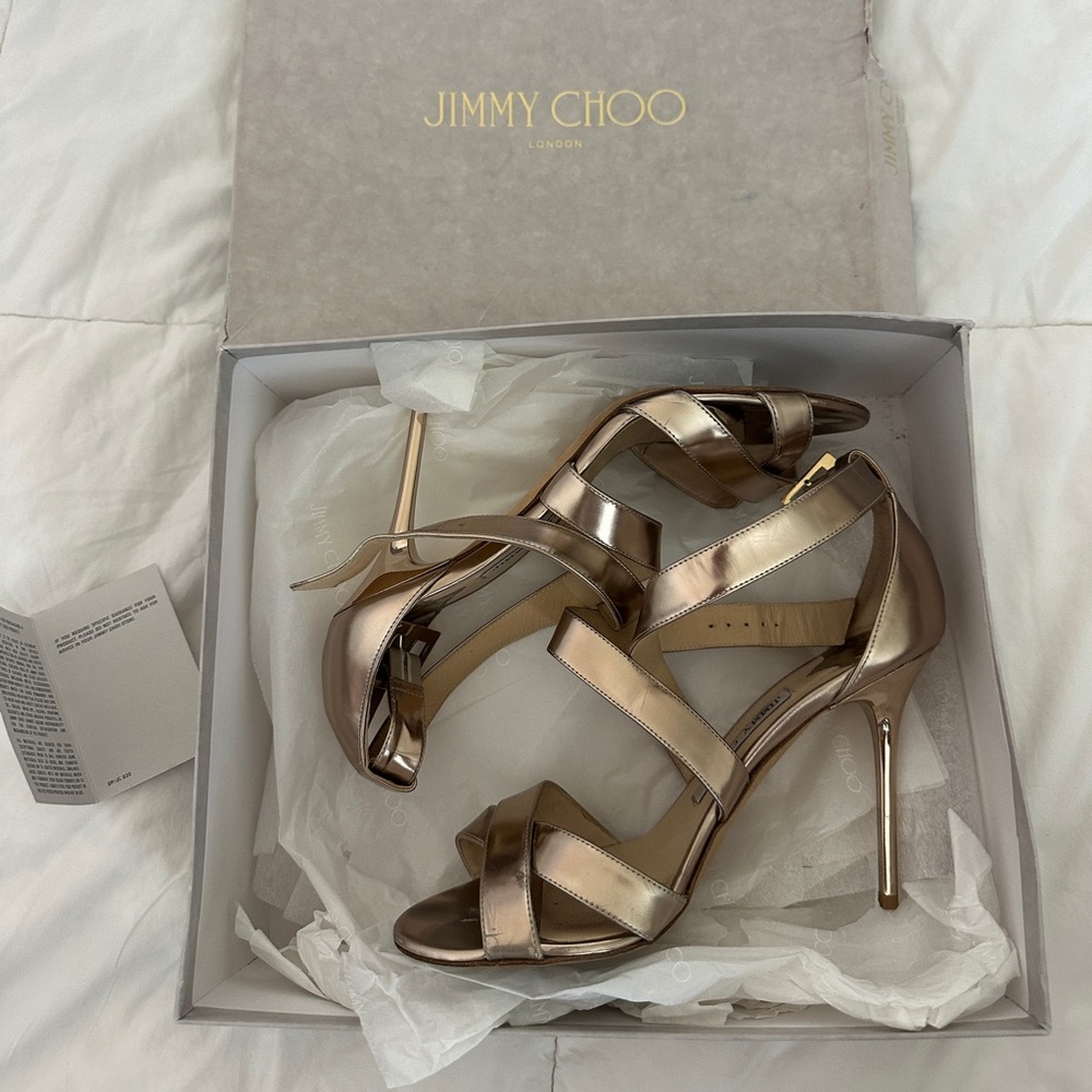 JIMMY CHOO 'Louise' Anthracite Metallic Nappa Heels in Size: 38.5